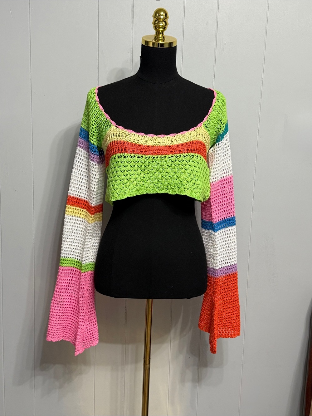 #20) Hand-Crocheted Off-the-Shoulder Cropped Sweater in Lime Green & Multicolor